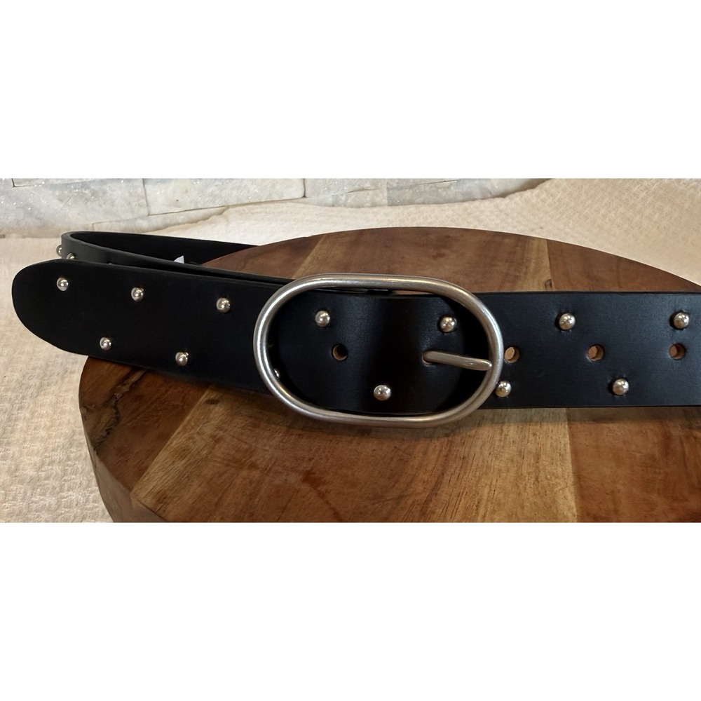 Lucky Brand Women's XL Black Genuine Leather Studded Wide Belt Silver Buckle